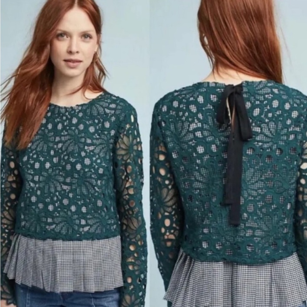 MAEVE BY ANTHROPOLOGIE GABRIELLA LACE OVERLAY GINGHAM PEPLUM BLOUSE W BOW DETAIL